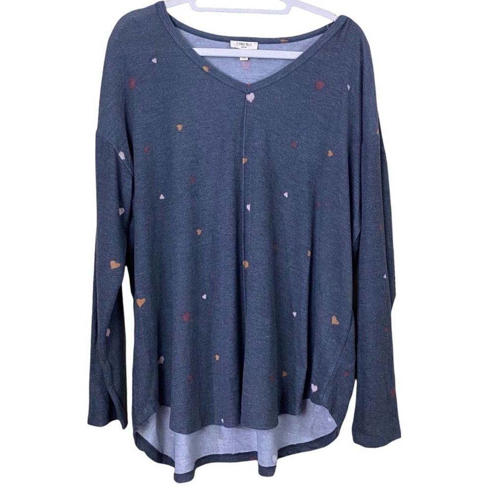 Como Blu Gray Soft Heart Graphic V-Neck Top Size 2X